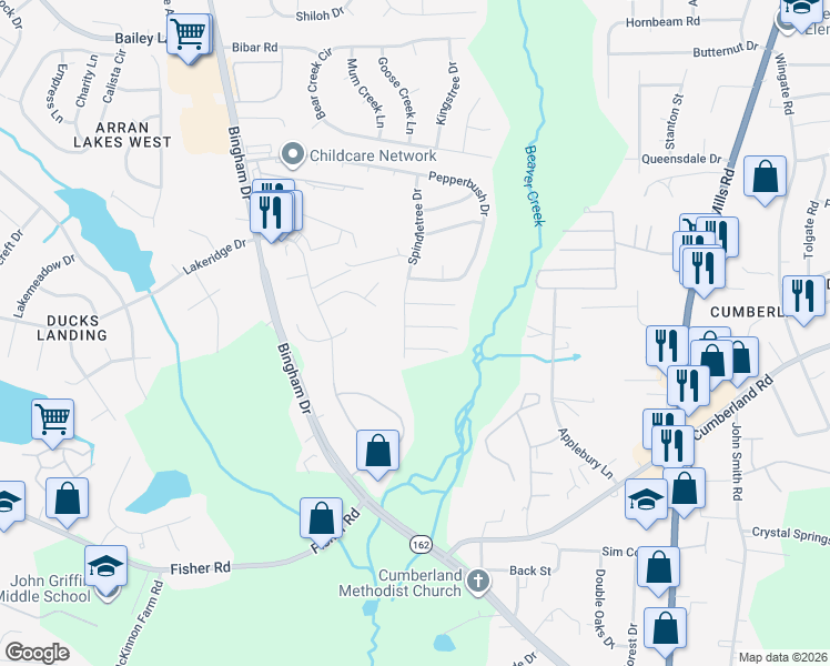 map of restaurants, bars, coffee shops, grocery stores, and more near 2324 Spindle Tree Drive in Fayetteville