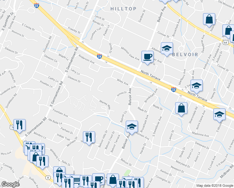 map of restaurants, bars, coffee shops, grocery stores, and more near 11 Arnold Drive in Chattanooga