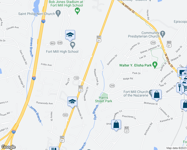 map of restaurants, bars, coffee shops, grocery stores, and more near 461 Walden Park Drive in Fort Mill