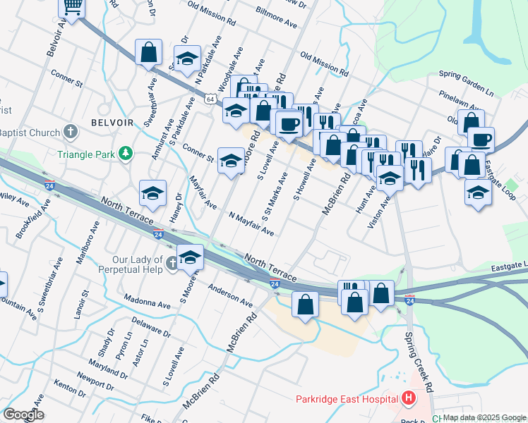 map of restaurants, bars, coffee shops, grocery stores, and more near 207 South Saint Marks Avenue in Chattanooga