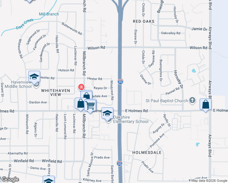 map of restaurants, bars, coffee shops, grocery stores, and more near 5132 Windcrest Road in Memphis
