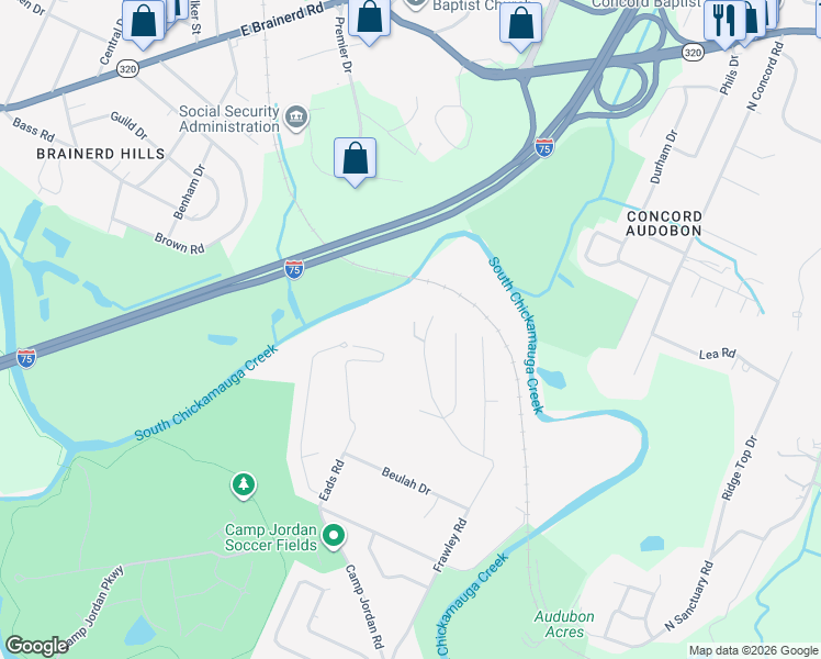 map of restaurants, bars, coffee shops, grocery stores, and more near 15 Frawley Road in Chattanooga
