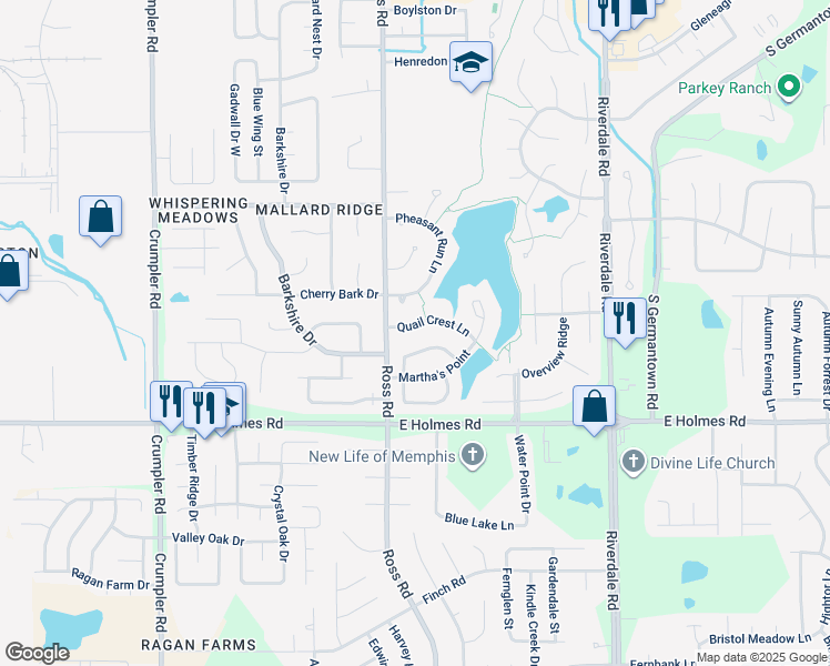map of restaurants, bars, coffee shops, grocery stores, and more near 6754 Lake Point Circle in Memphis
