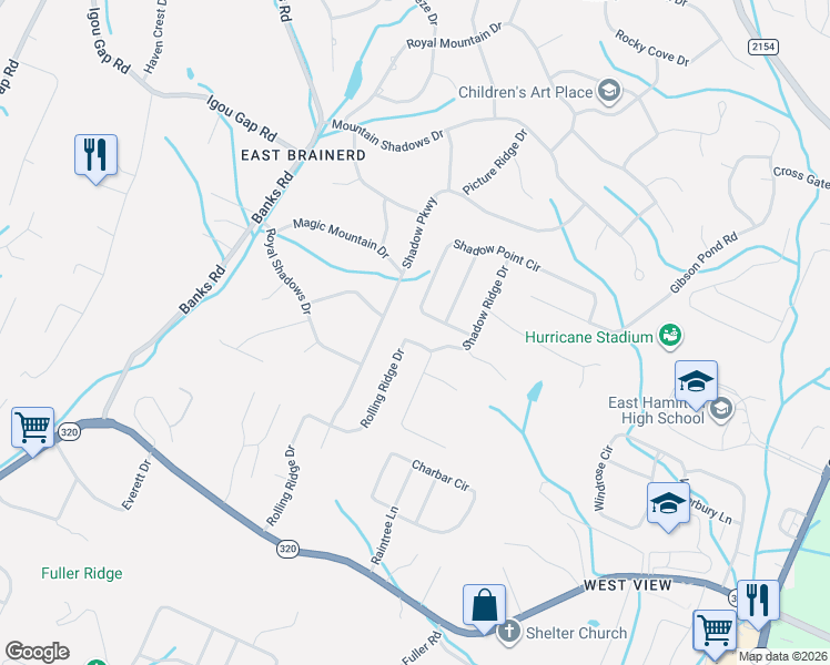 map of restaurants, bars, coffee shops, grocery stores, and more near 320 Rolling Ridge Drive in Chattanooga