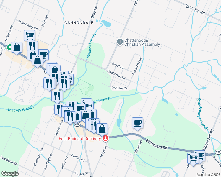 map of restaurants, bars, coffee shops, grocery stores, and more near 8118 Hitchcock Road in Chattanooga