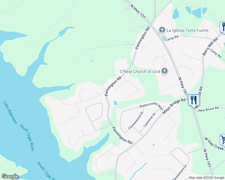 map of restaurants, bars, coffee shops, grocery stores, and more near 34 Arbolado Way in Greer