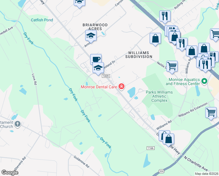 map of restaurants, bars, coffee shops, grocery stores, and more near 2511 Old Charlotte Highway in Monroe