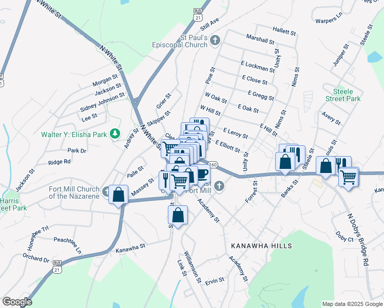map of restaurants, bars, coffee shops, grocery stores, and more near 111 Clebourne Street in Fort Mill