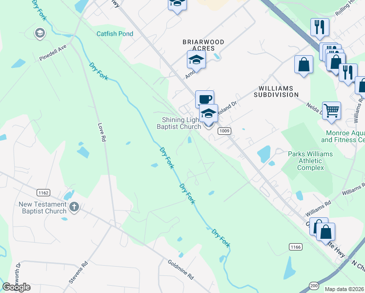map of restaurants, bars, coffee shops, grocery stores, and more near 2491 Shining Light Church Road in Monroe