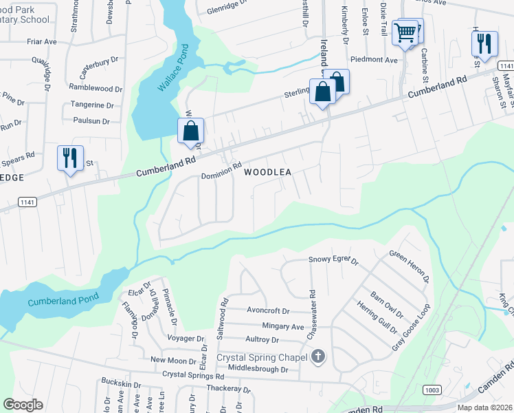 map of restaurants, bars, coffee shops, grocery stores, and more near 4501-4799 Pine Springs Drive in Fayetteville