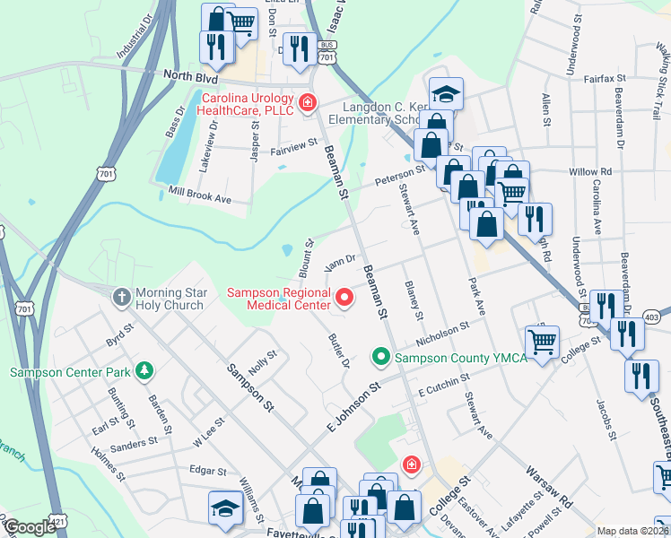 map of restaurants, bars, coffee shops, grocery stores, and more near 404 Vann Drive in Clinton