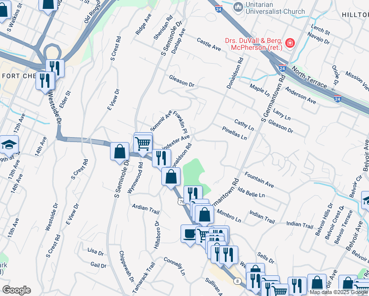 map of restaurants, bars, coffee shops, grocery stores, and more near 918 Donaldson Road in Chattanooga
