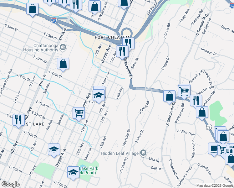 map of restaurants, bars, coffee shops, grocery stores, and more near 2637 14th Avenue in Chattanooga