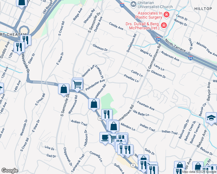 map of restaurants, bars, coffee shops, grocery stores, and more near 912 Donaldson Road in East Ridge
