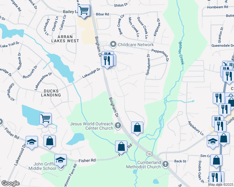 map of restaurants, bars, coffee shops, grocery stores, and more near 2624 Christy Ct in Fayetteville