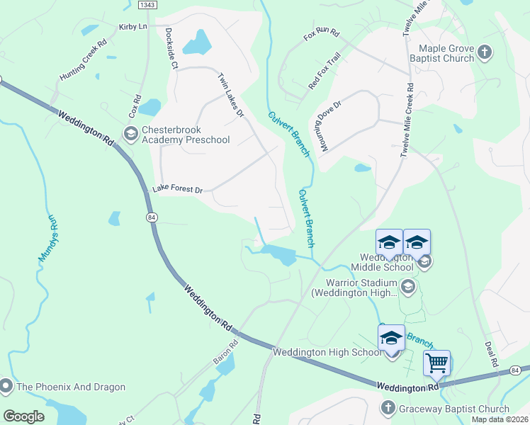 map of restaurants, bars, coffee shops, grocery stores, and more near 409 Timber Top Court in Weddington
