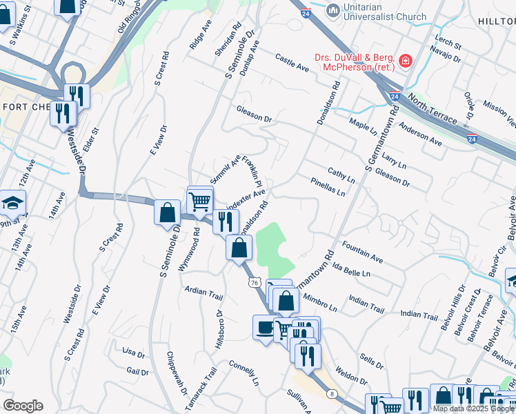 map of restaurants, bars, coffee shops, grocery stores, and more near 918 Donaldson Road in Chattanooga