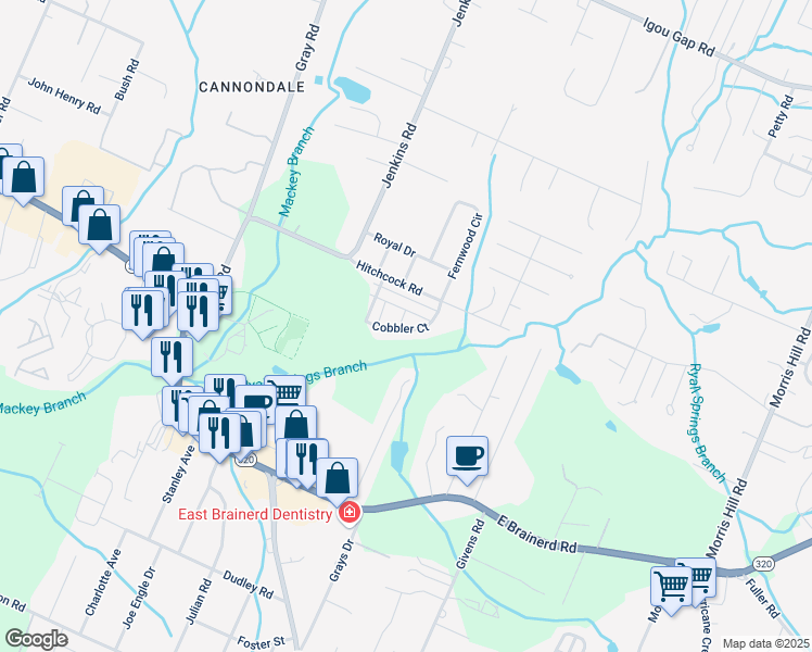 map of restaurants, bars, coffee shops, grocery stores, and more near 8118 Hitchcock Road in Chattanooga
