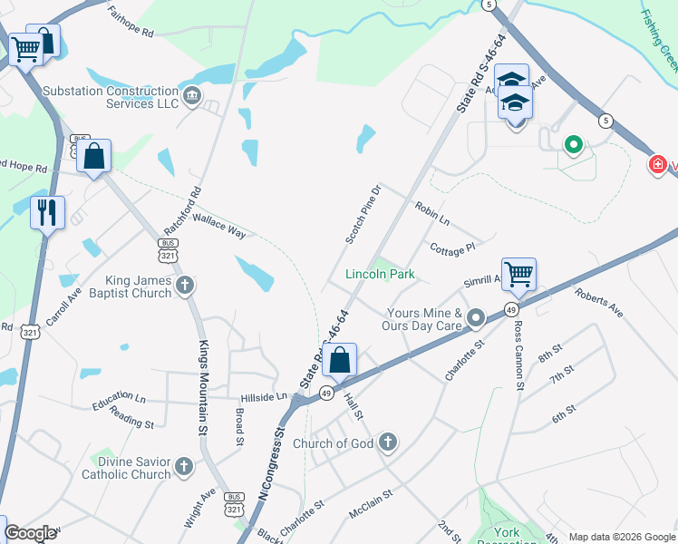 map of restaurants, bars, coffee shops, grocery stores, and more near 114 Scotch Pine Drive in York