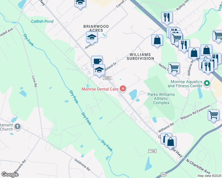 map of restaurants, bars, coffee shops, grocery stores, and more near 2511 Old Charlotte Highway in Monroe