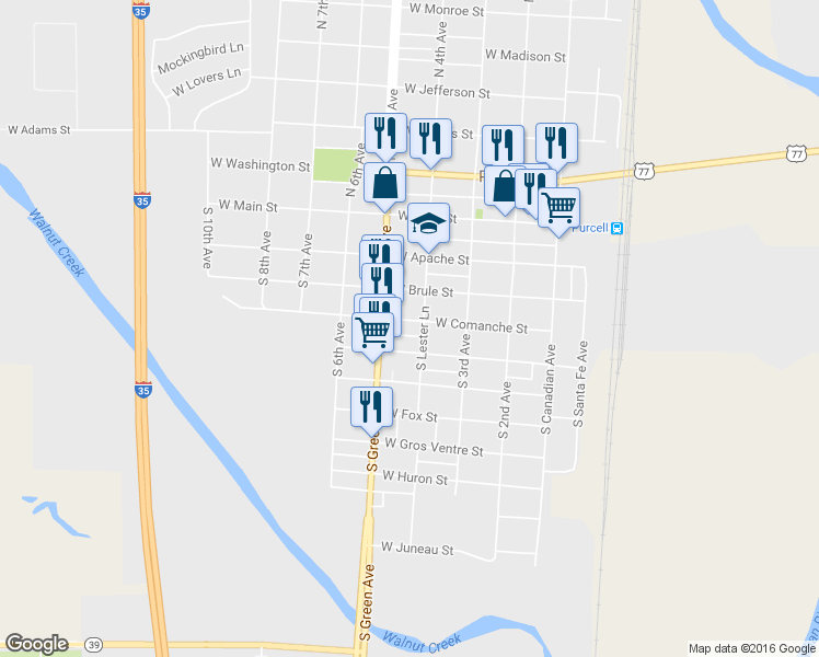 map of restaurants, bars, coffee shops, grocery stores, and more near 410 West Comanche Street in Purcell