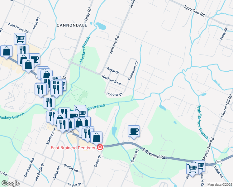 map of restaurants, bars, coffee shops, grocery stores, and more near 8118 Hitchcock Road in Chattanooga