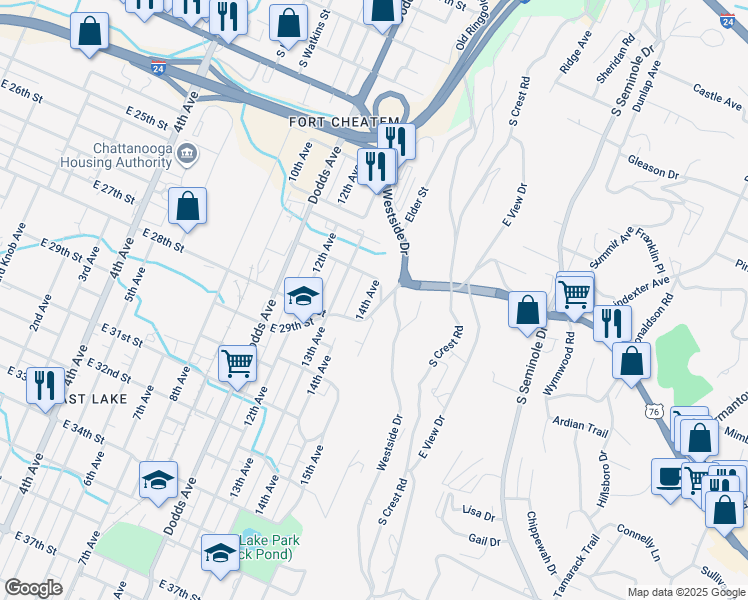 map of restaurants, bars, coffee shops, grocery stores, and more near 2637 14th Avenue in Chattanooga