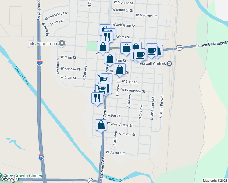 map of restaurants, bars, coffee shops, grocery stores, and more near 415 South 4th Avenue in Purcell