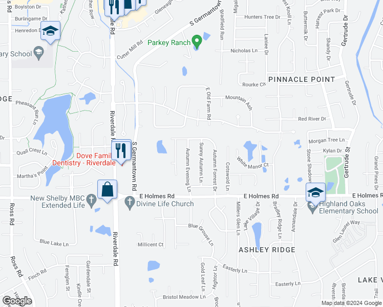 map of restaurants, bars, coffee shops, grocery stores, and more near 5112 Autumn Evening Lane in Memphis