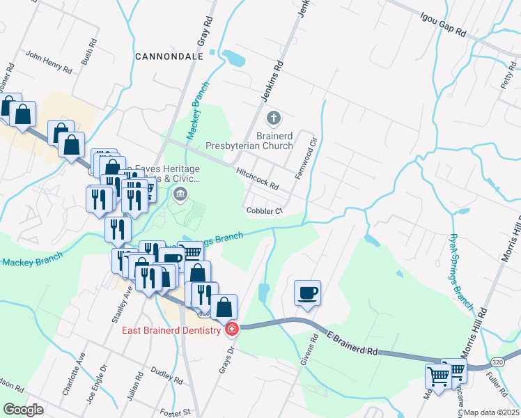 map of restaurants, bars, coffee shops, grocery stores, and more near 8118 Hitchcock Road in Chattanooga