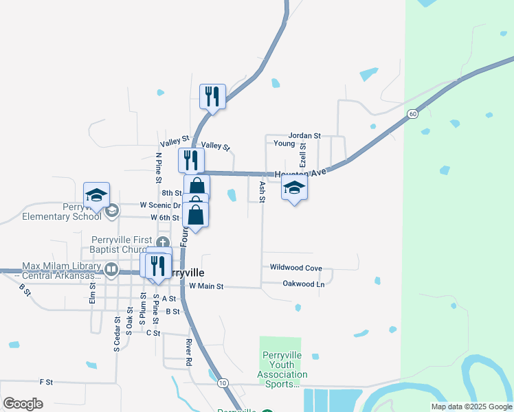 map of restaurants, bars, coffee shops, grocery stores, and more near 755 Ash Street in Perryville