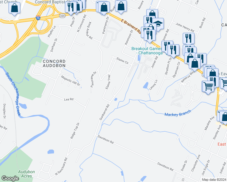 map of restaurants, bars, coffee shops, grocery stores, and more near Huntley Lane in Chattanooga