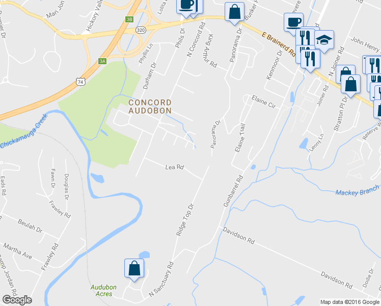 map of restaurants, bars, coffee shops, grocery stores, and more near 7305 Majestic Hill Drive in Chattanooga