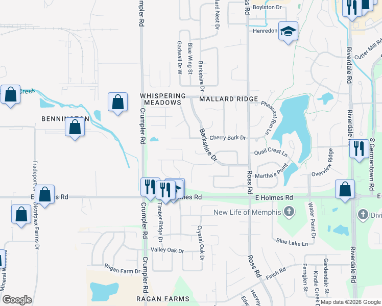 map of restaurants, bars, coffee shops, grocery stores, and more near 6577 Barley Cove in Memphis