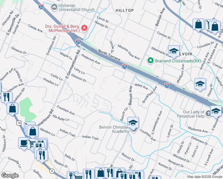 map of restaurants, bars, coffee shops, grocery stores, and more near 728 Bacon Trail in Chattanooga
