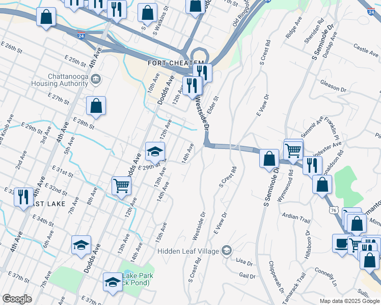 map of restaurants, bars, coffee shops, grocery stores, and more near 2637 14th Avenue in Chattanooga