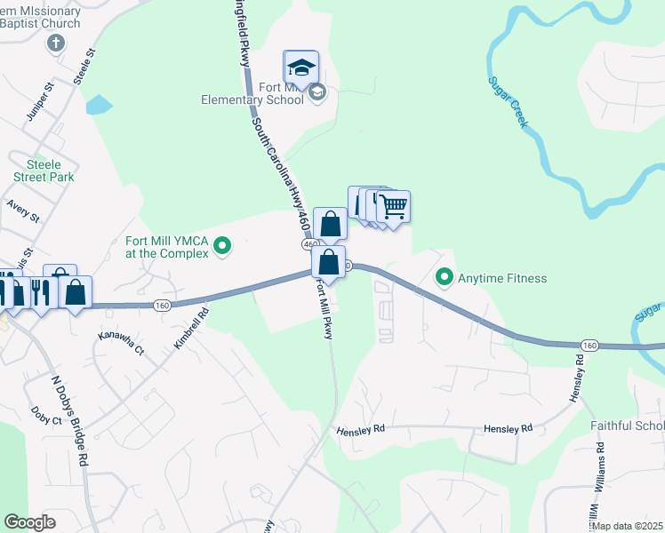 map of restaurants, bars, coffee shops, grocery stores, and more near Highway 160 in Fort Mill