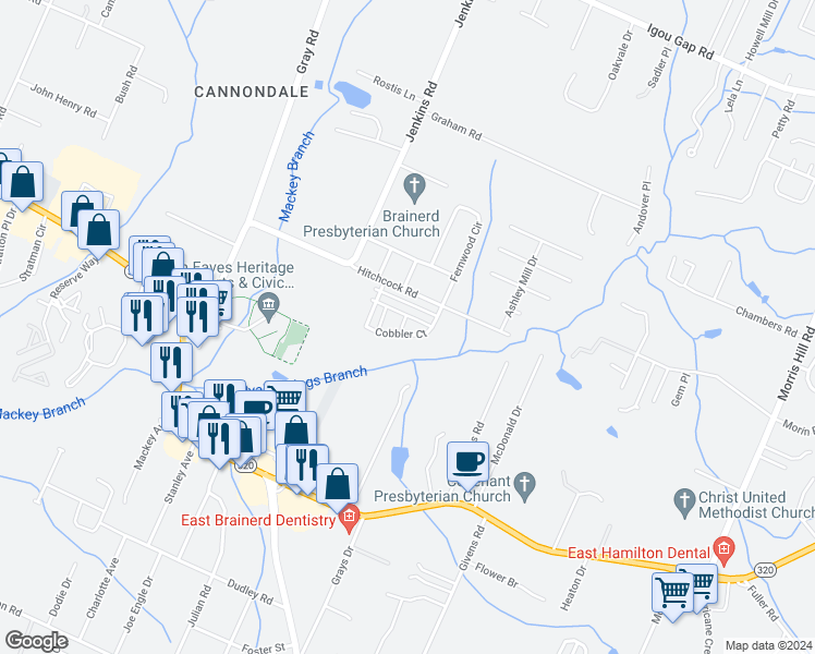 map of restaurants, bars, coffee shops, grocery stores, and more near 8118 Hitchcock Road in Chattanooga