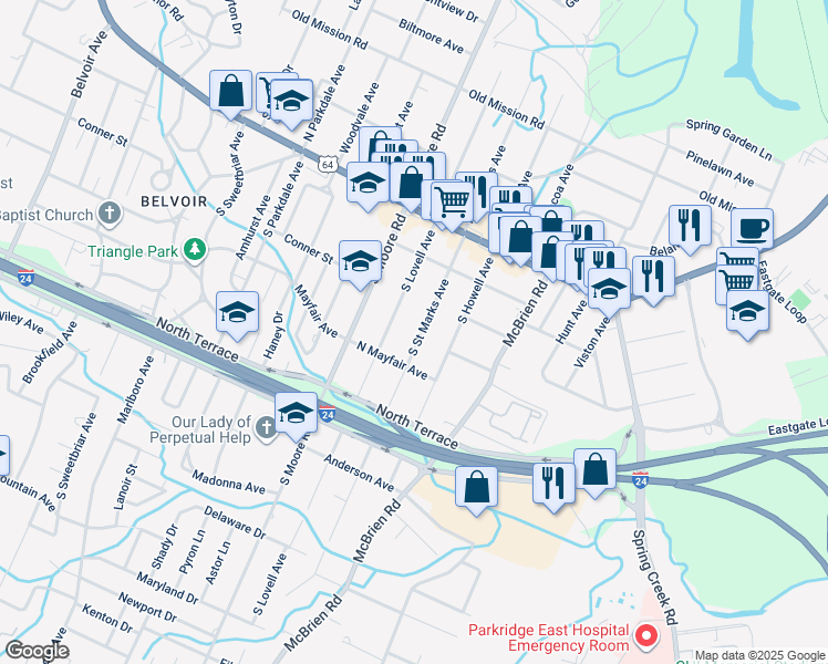 map of restaurants, bars, coffee shops, grocery stores, and more near 211 South Saint Marks Avenue in Chattanooga