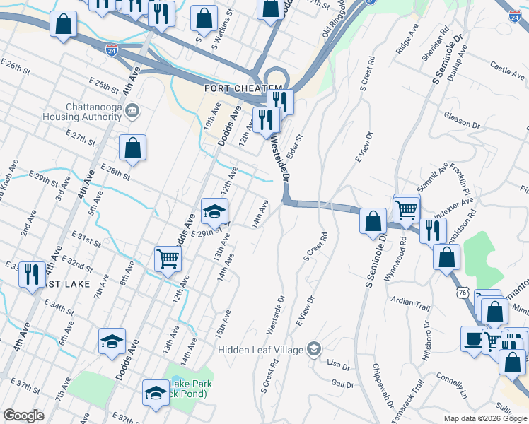 map of restaurants, bars, coffee shops, grocery stores, and more near 2637 14th Avenue in Chattanooga