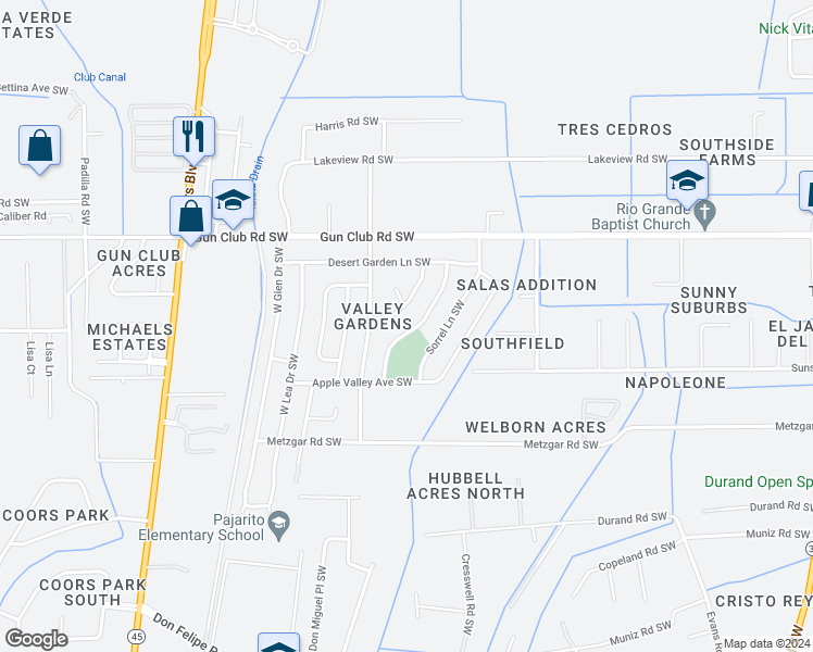 map of restaurants, bars, coffee shops, grocery stores, and more near 4601 Valley Park Drive Southwest in Albuquerque
