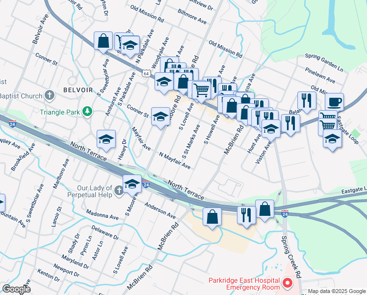 map of restaurants, bars, coffee shops, grocery stores, and more near 211 South Saint Marks Avenue in Chattanooga