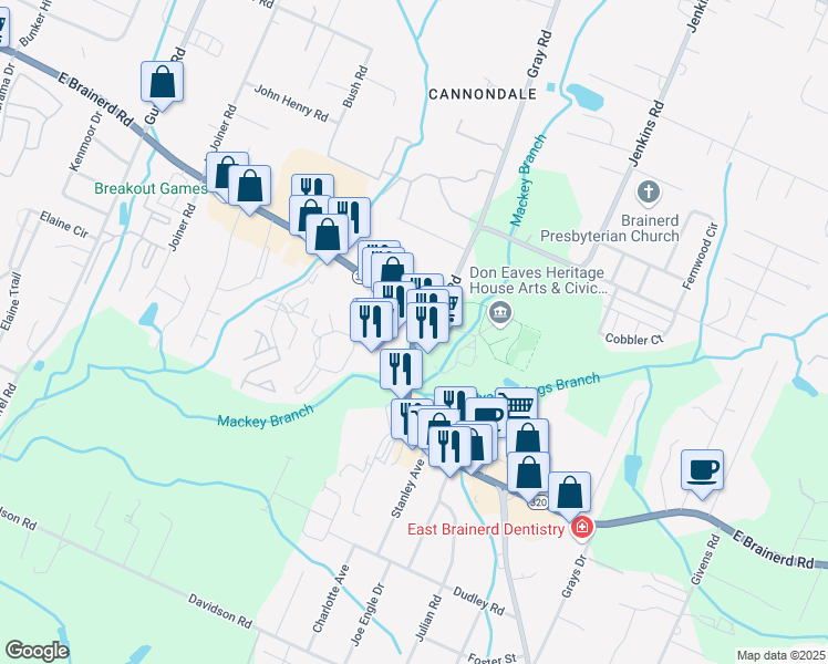 map of restaurants, bars, coffee shops, grocery stores, and more near 7760 East Brainerd Road in Chattanooga