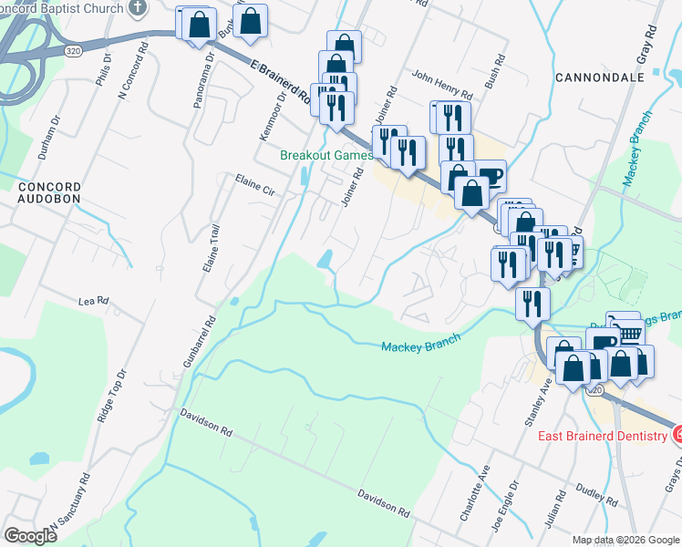 map of restaurants, bars, coffee shops, grocery stores, and more near 1116 Lenny Lane in Chattanooga