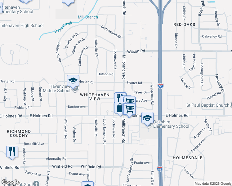 map of restaurants, bars, coffee shops, grocery stores, and more near 5110 Lochinvar Road in Memphis