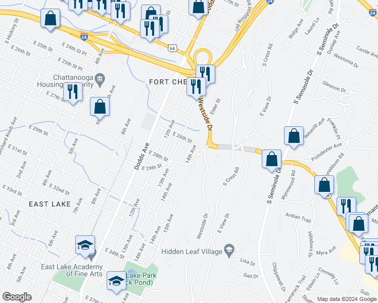 map of restaurants, bars, coffee shops, grocery stores, and more near 2609 14th Avenue in Chattanooga