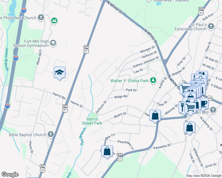 map of restaurants, bars, coffee shops, grocery stores, and more near 602 Jackson Street in Fort Mill