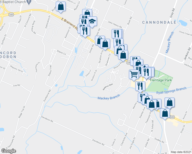 map of restaurants, bars, coffee shops, grocery stores, and more near 1316 Stratton Place Drive in Chattanooga