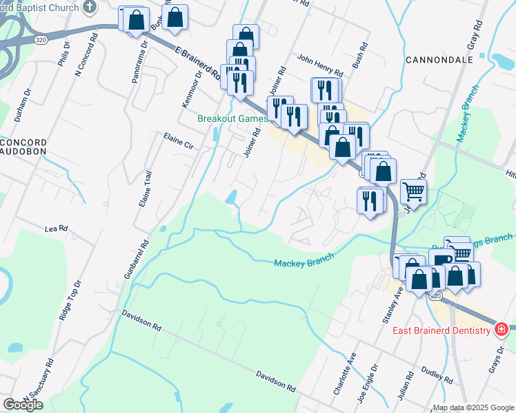 map of restaurants, bars, coffee shops, grocery stores, and more near 1116 Lenny Lane in Chattanooga