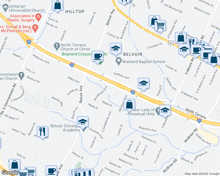 map of restaurants, bars, coffee shops, grocery stores, and more near 4105 Wiley Avenue in Chattanooga